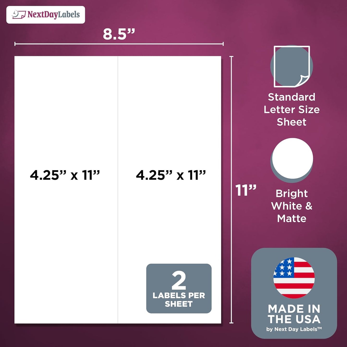 NextDayLabels – 4-1/4" x 11" Rectangular Sticker Labels for Printer - White Laser/Inkjet Printer Labels Return Address Labels Shipping Label Stickers (250 Sheets, 2 Per Sheet, 500 Labels)