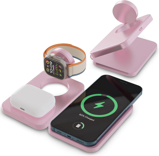 CHARGEWORX 3-in-1 Wireless Charger, Foldable Magnetic Charging Station with 15-Watt Fast Charging, Compatible with iPhone, Samsung, and Other Phones, Smartwatches, and Headphones, Pink