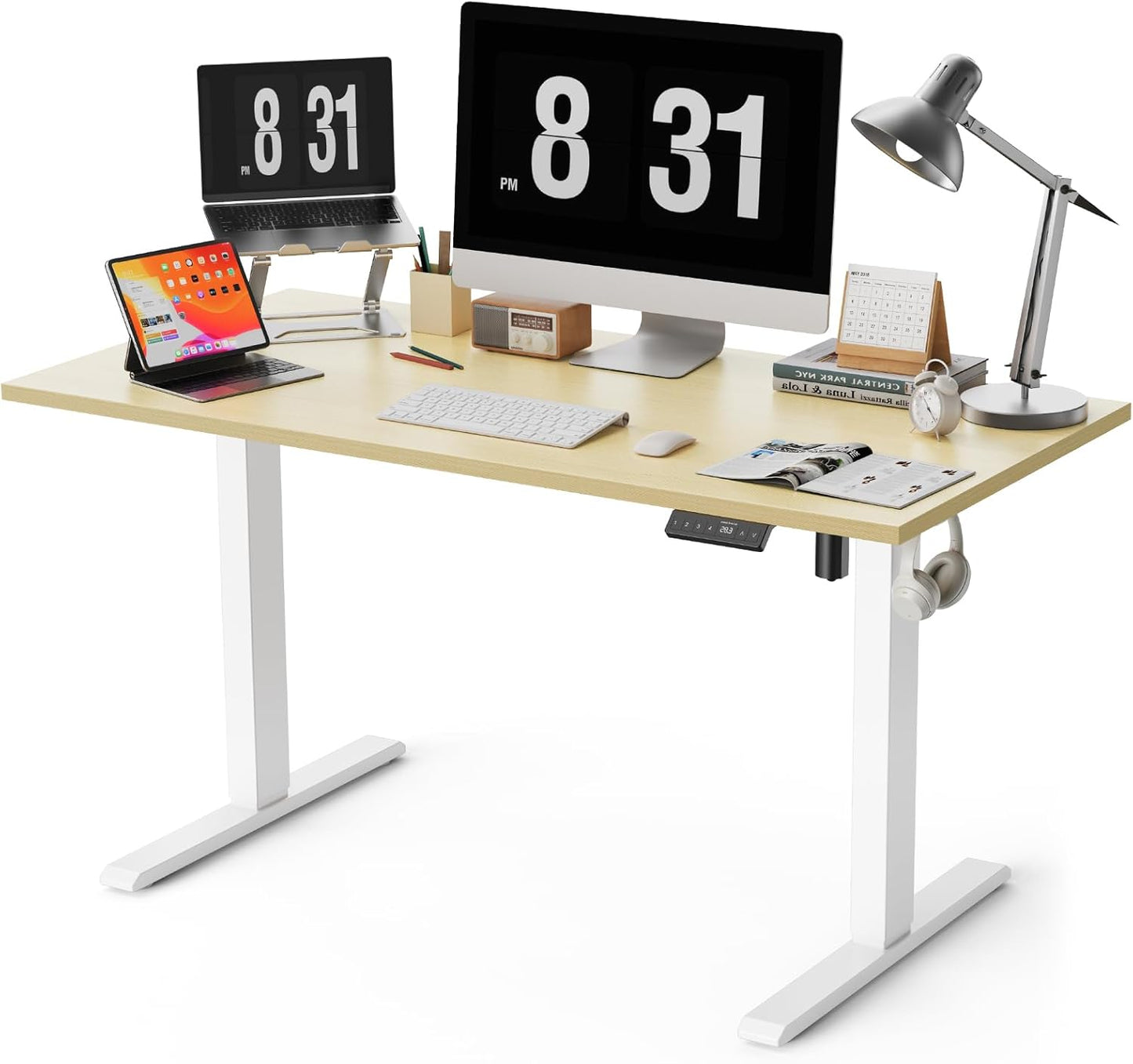 55x28 Inches Whole Piece Electric Standing Desk, Seamless One Piece Height Adjustable Sit to Stand up Desk for Home Office, Ergonomic Computer Workstation, Oak
