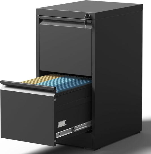 2 Drawer File Cabinet with Lock, Steel Vertical Filing Cabinets for Home Office, Small Metal Storage Cabinet for Hanging Legal/Letter Size Files, Assembly Required (Black)