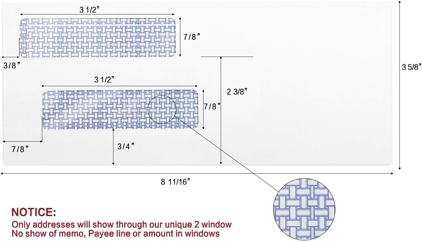 #8 Double Window Security Check Envelopes, No.8 Double Window Bussiness Envelopes Designed for QuickBooks Checks - Computer Printed Checks - 3 5/8 X 8 11/16 (NOT for INVOICES) - 24 LB - 1000 PACK
