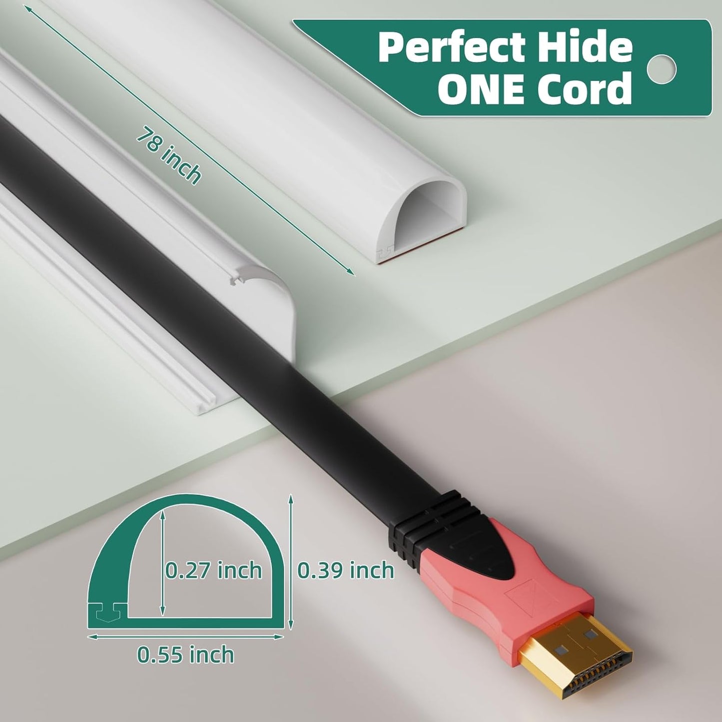 Cord Hider Raceway Kit, 118 inch Wall Cable Hider for 1 Cable, Silicone Material Hiding Wall Mount TV Powers Cords in Home Office, W0.59 H0.39in White