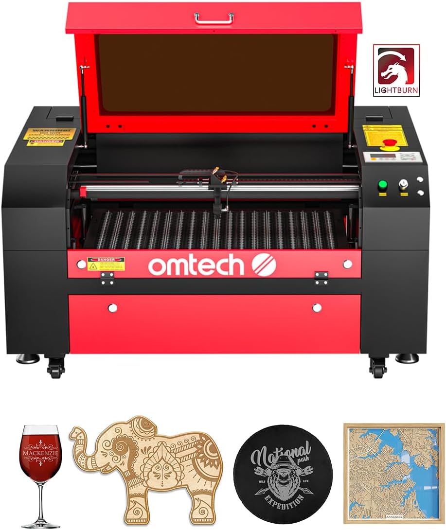 OMTech 60W CO2 Laser Engraver with LightBurn, 28x20 Inch Laser Engraving Cutting Machine with Autolift 4 Way Pass Air Assist Water Pump, Commercial Laser Engraver Cutter for Wood Glass Acrylic More