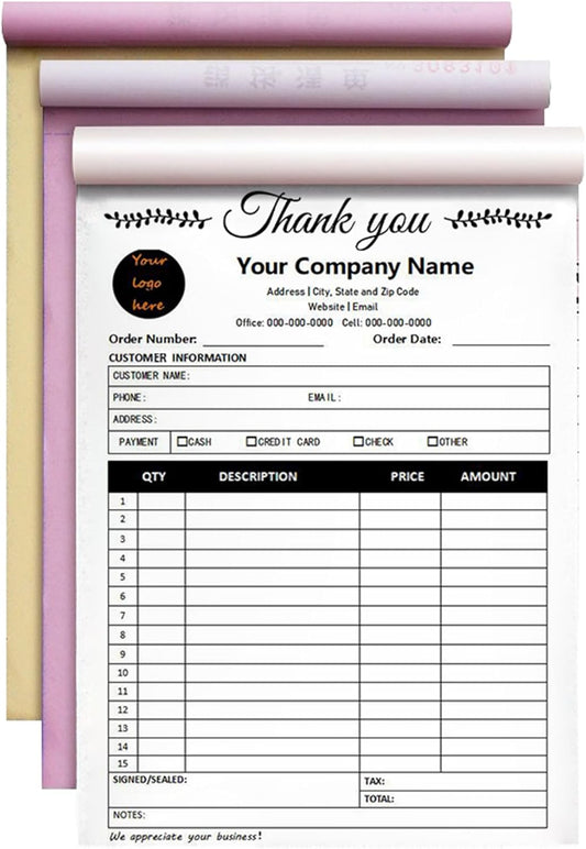 Custom Invoice Book in 3-Part /2-Part Receipt Book with Carbon Copies Personalized Carbonless Service Invoice Form Books Sales Order Book with Company Name Logo Address,C3-Thank You Receipt