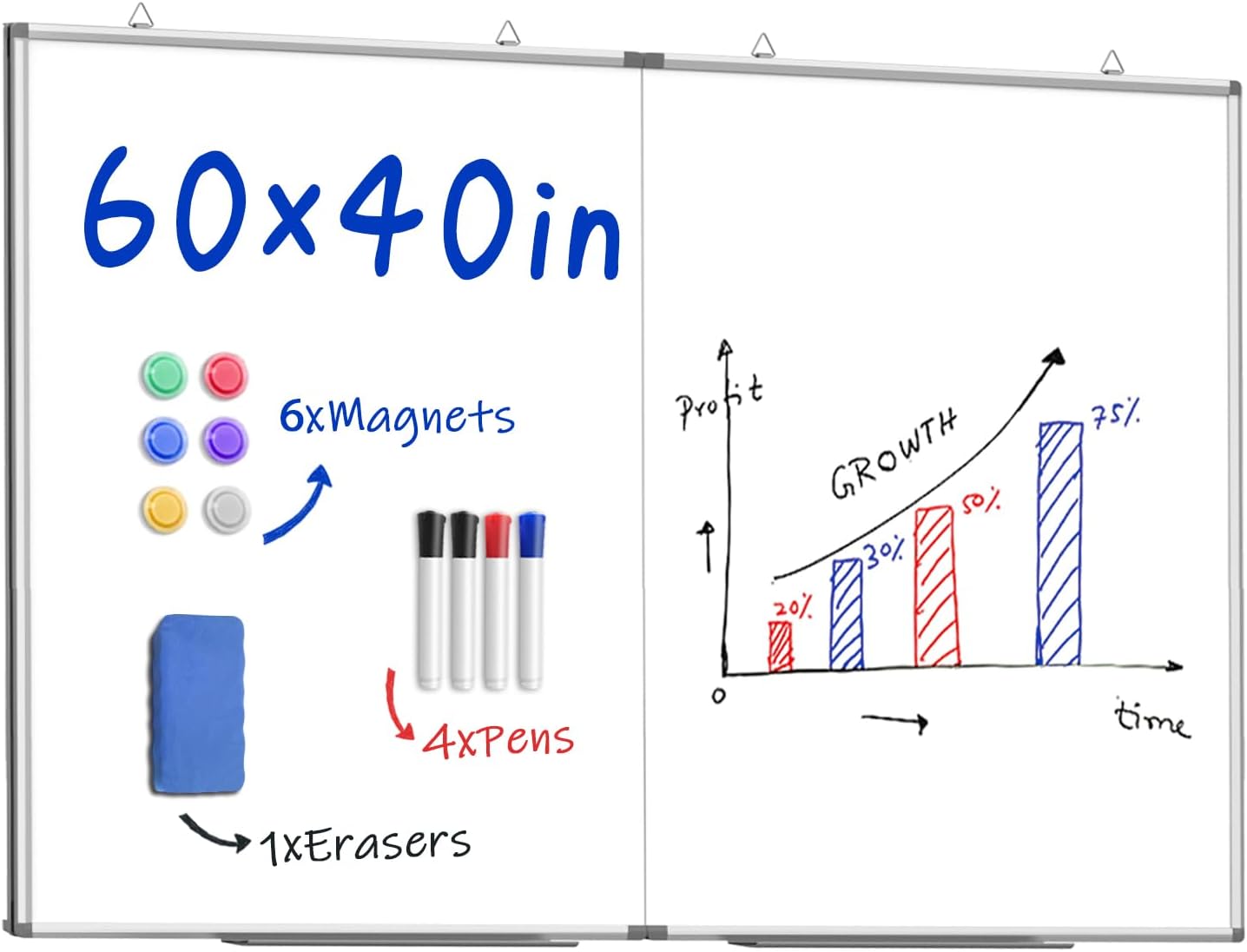 60"X 40" Large Magnetic Dry Erase Whiteboard, Wall Hanging Board with 8 Pens & 4 Dry Erasers & 30 Magnets, Sliver Aluminum Frame White