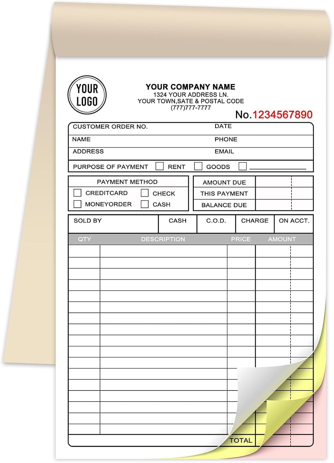 Custom 5.5" x 8.5" Invoices Receipts Carbonless Books in 3-Part Duplicate Personalized Company Address Name Phone Number 50 Sets