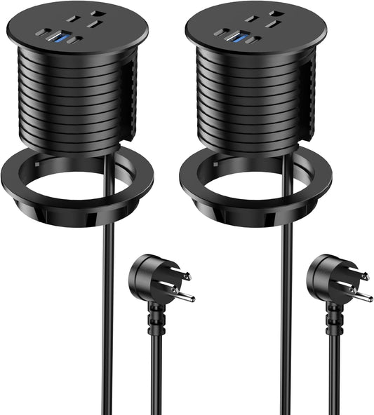 2.5 inch Power Grommet,20W USB-C Charging,1 Outlet with 2 USB C,1 USB Port,Furniture Flush Mount for Desktop,Recessed Power Strip,Workspace Essential Desk Outlet,2PCS (Black, 2 PCS-6FT Cord)