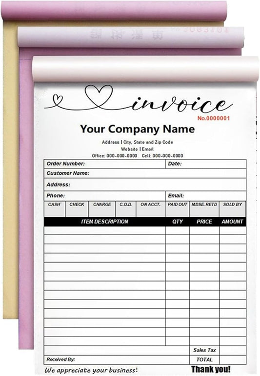 Custom Invoice Book in 3-Part /2-Part Receipt Book with Carbon Copies Personalized Carbonless Service Invoice Form Books Sales Order Book with Company Name Logo Address,F-Invoice Book
