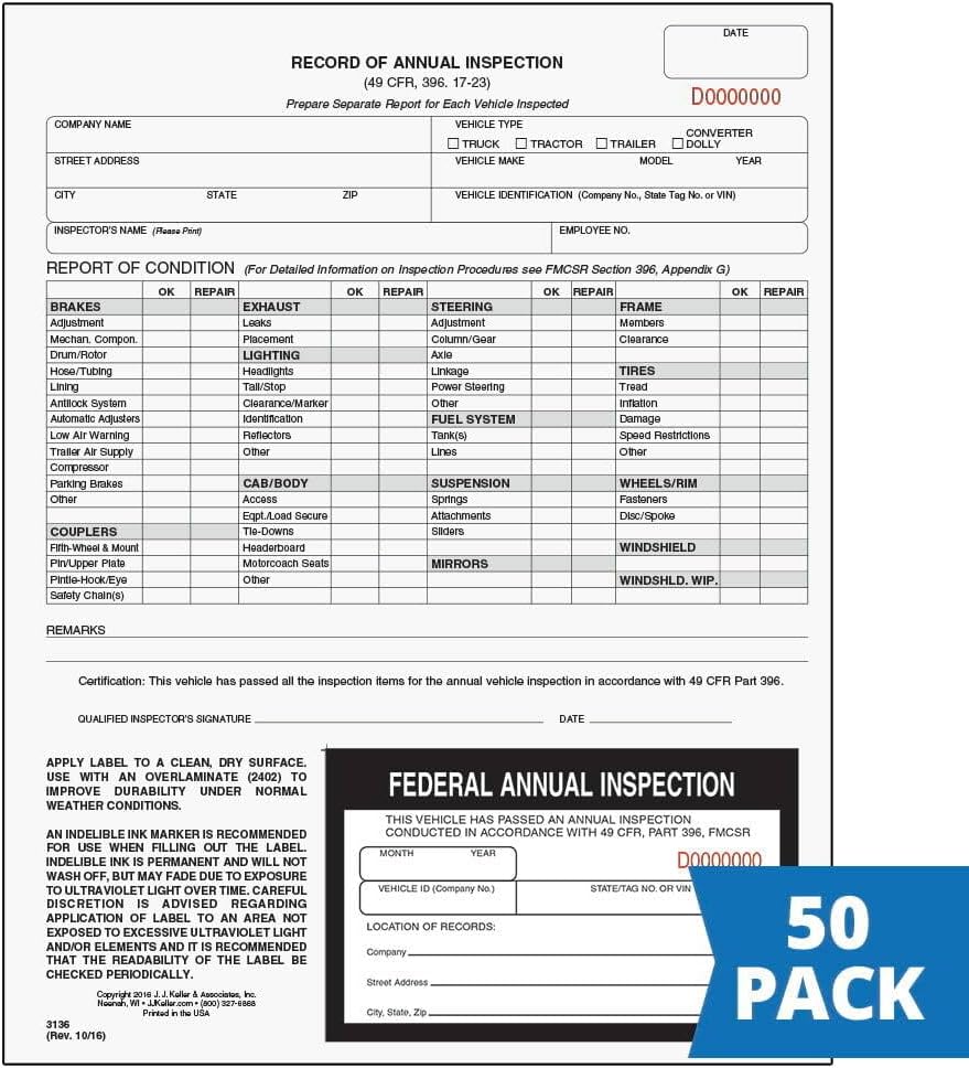 J. J. Keller 50-Pack, Record of Annual Inspection Form with Inspection Decal, 2-Ply Carbonless Form, DOT Compliant