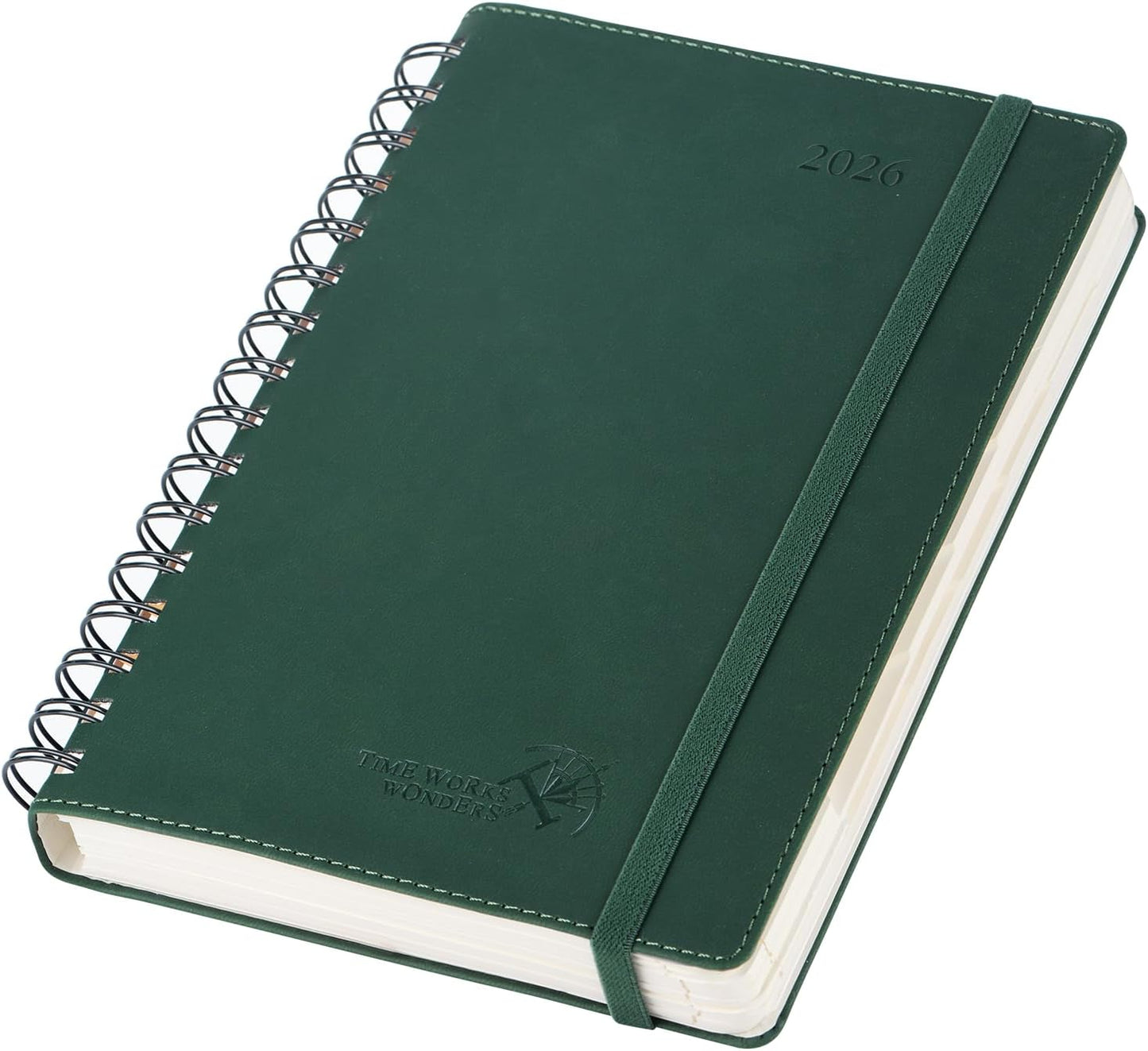 POPRUN 2026 Daily Planner One Page per Day (Medium 6'' x 8.5'') - 12 Months Calendar Appointment Book with Hourly Slots, Inner Pocket, Monthly Tabs, Pen Holder - Forest Green