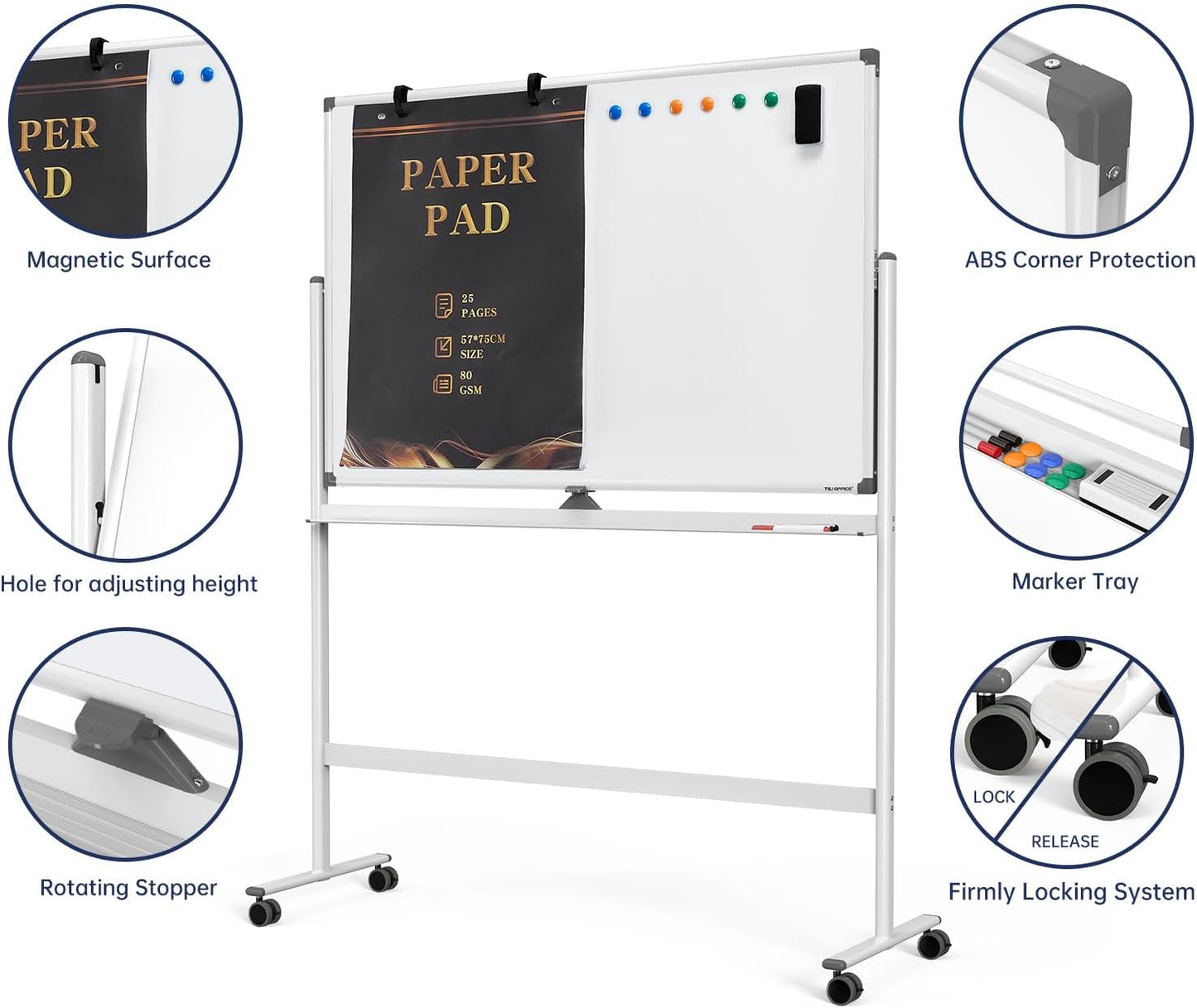Large Dry-Erase Rolling Magnetic Whiteboard - 48 x 32 Inches Dry Erase Board with Stand Height Adjust Double Sides Mobile White Board Easel on Wheels with 25 Sheets Paper Pad Office, Home & Classroom