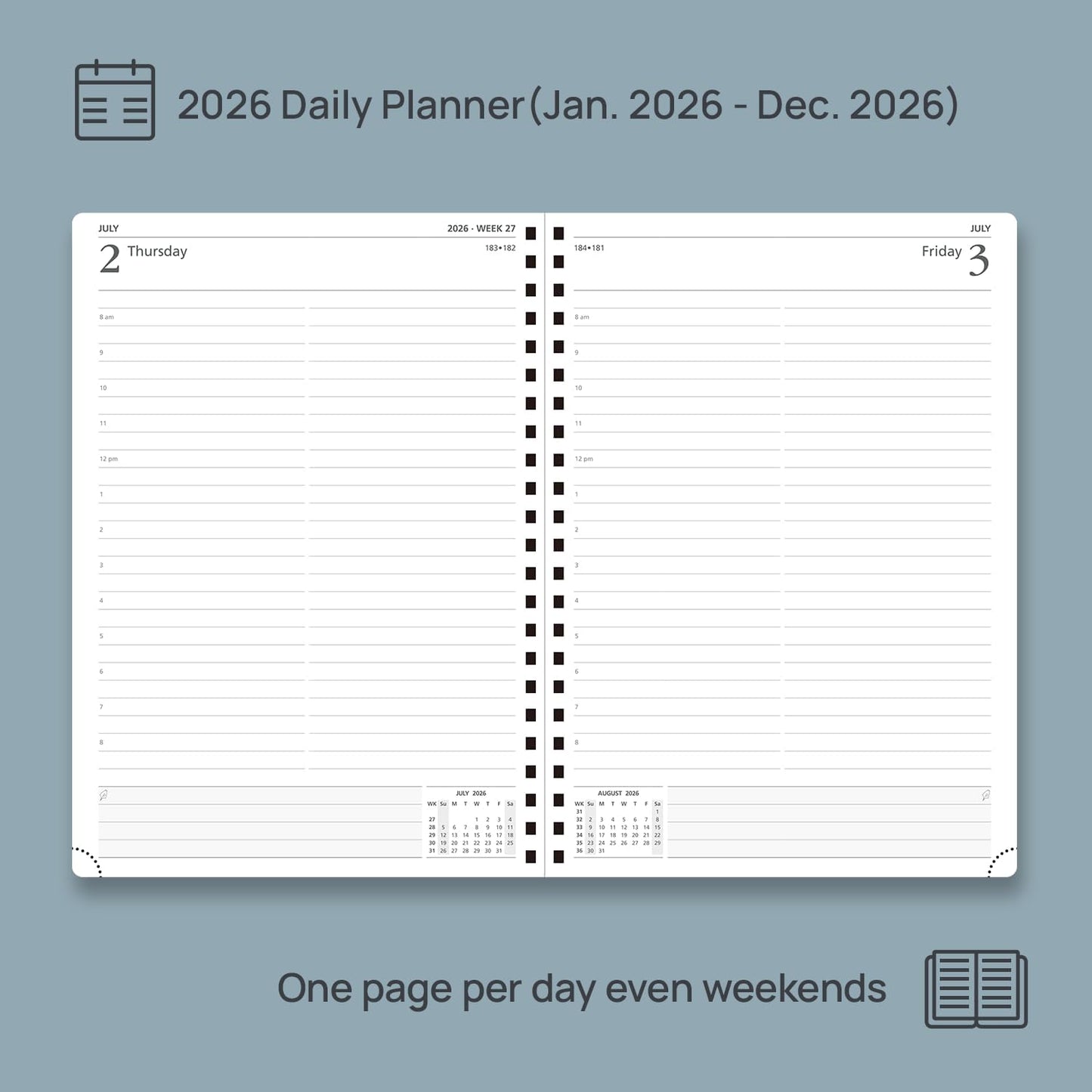 POPRUN 2026 Daily Planner One Page A Day - [A4 Large Size 8.5" x 12" -Spiral Hard Cover], Agenda 2026 Hourly Appointment Book with Monthly Calendar, Pen Holder, Ivory Paper - Orange