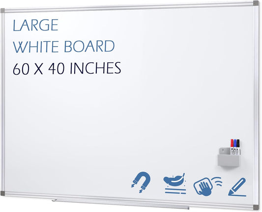 Dry Erase Board 60" x 40" Aluminum Presentation Magnetic Whiteboard with Long Pen Tray, Wall Mounted White Board for School, Office and Home