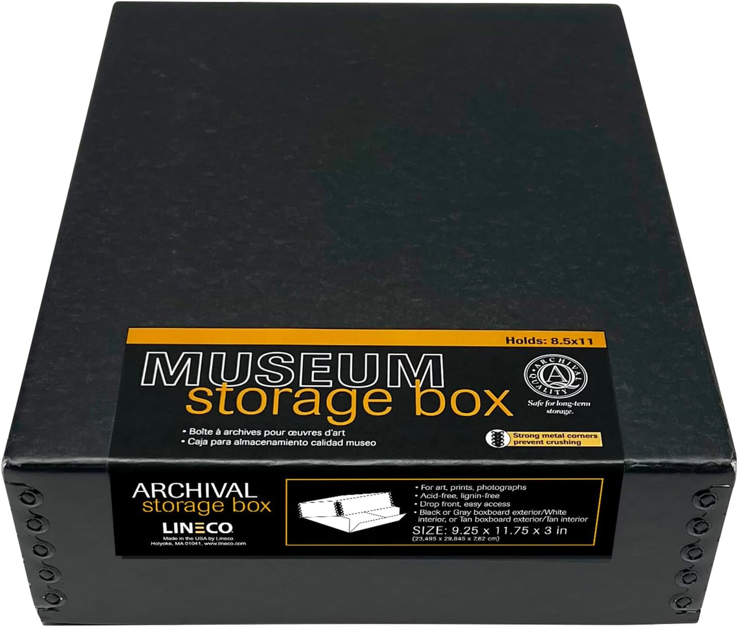 Lineco Museum Archival Storage Box, Drop Front Design with Metal Edges Removable Lid, 8.5 X 11 X 3 inches Acid-Free Photo Album Case, Preserve Prints Pictures, Magazine, Documents, Artworks, Black