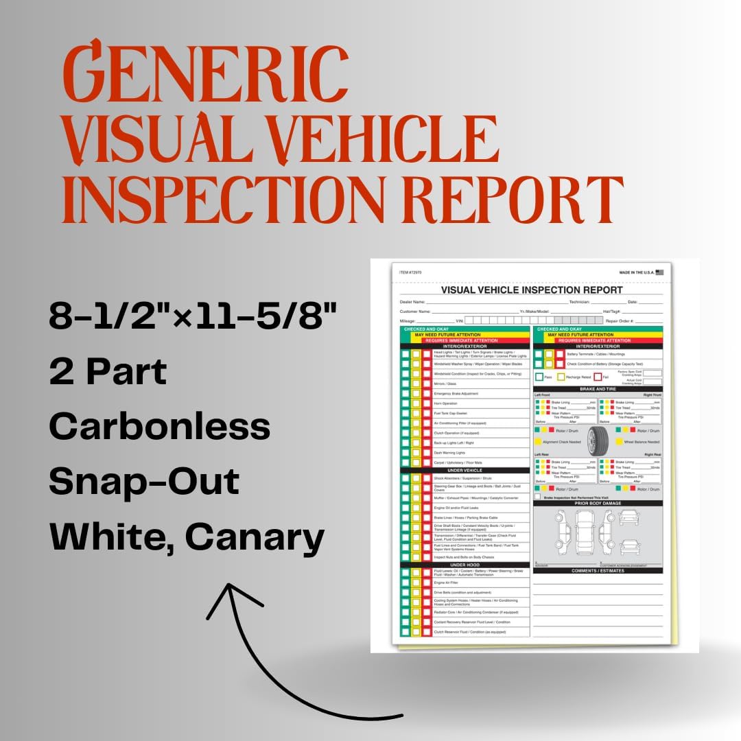 Visual Vehicle Inspection Report – 2-Part Carbonless Vehicle Checklist, Snap-Out Auto Service Forms, Fleet Maintenance Logs, Car Checkup Sheets - White & Canary 8.5"×11" - Pack of 500