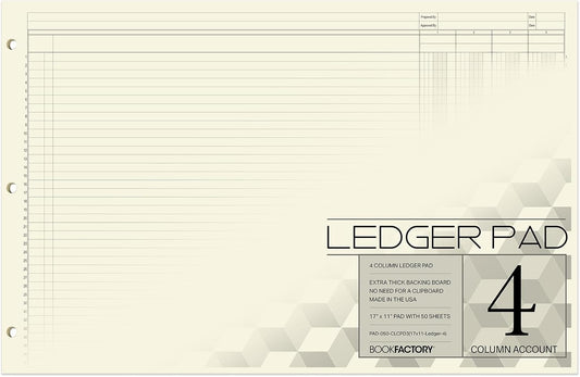 BookFactory Ledger Pad/Large 4 Column Accounting Ledger Columnar (Four Columns) Pads - 17'' x 11'', 50 Pages, Notepad Landscape Format (PAD-050-CLCPD3(17x11-Ledger-4)-AX)