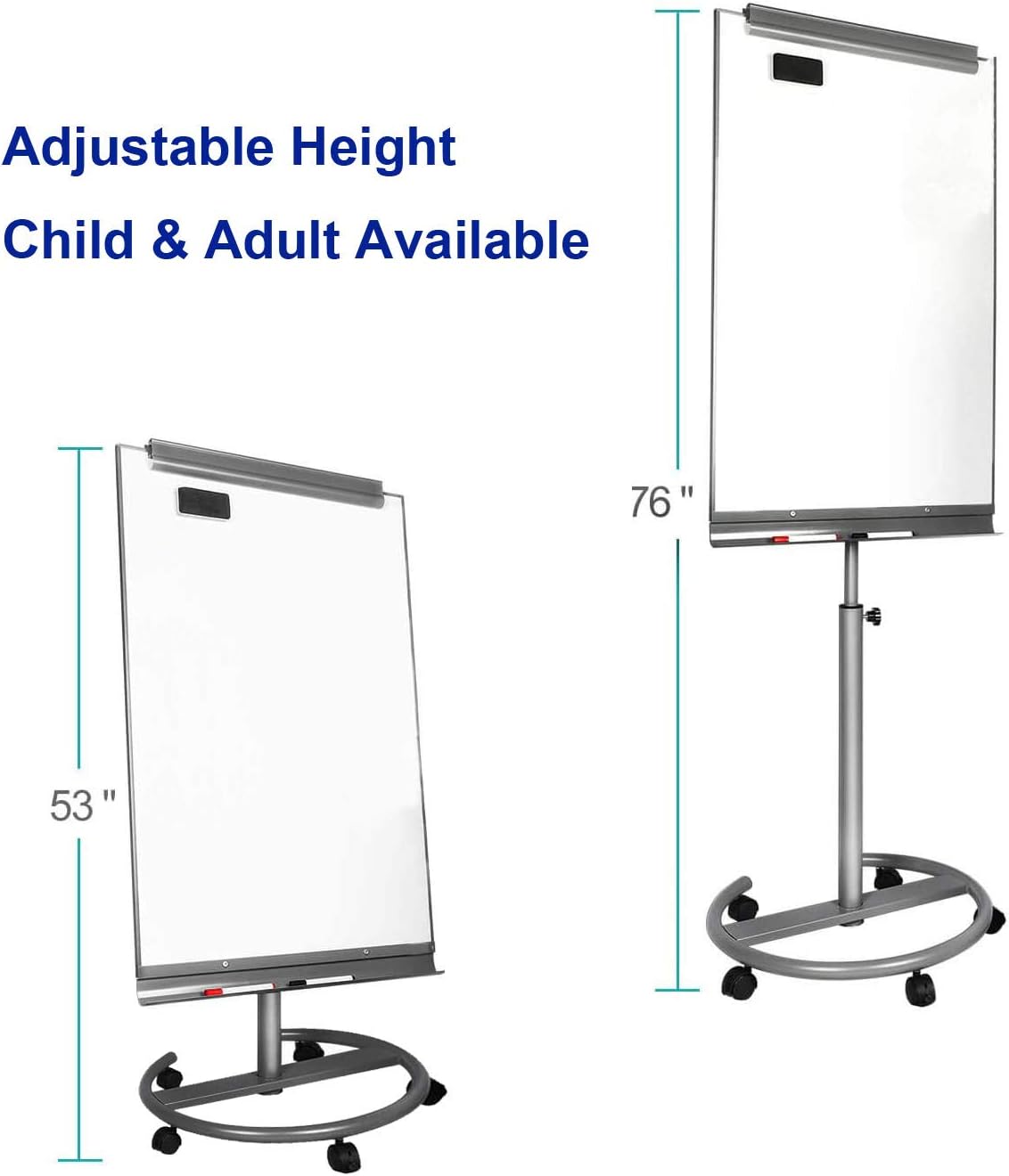 BIBOC Mobile Dry Erase Board – 40x26 inches Magnetic Portable Whiteboard Stand Adjustable Easel White Board Flipchart Easel Board with 25 Sheets Paper Pad 1 Eraser, 2Markers