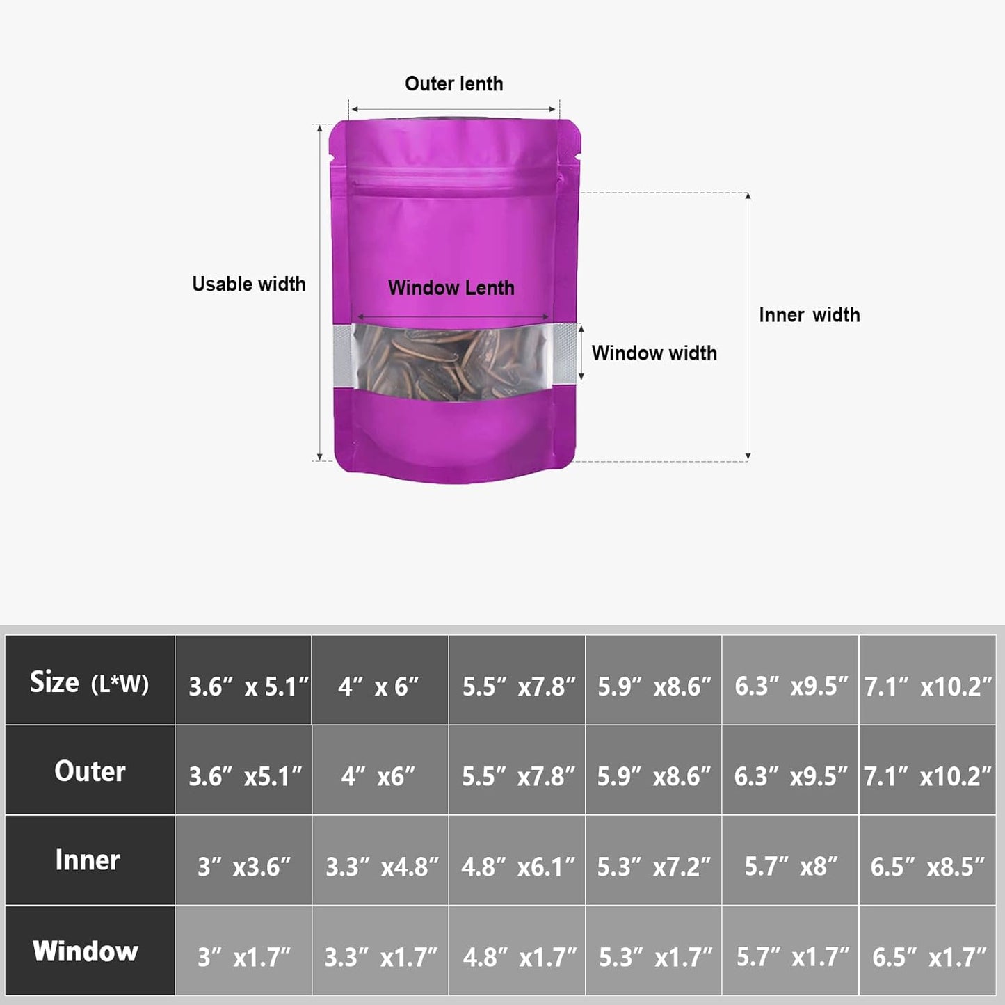 5.5"x7.8" 120pcs Mylar Bags for Food Storage,Smell Proof Bag with Matte Window Resealable Food Storage Bags for Small Business, Stand-up Foil Pouch Packaging Freeze Dried Candy Bag（Purple）