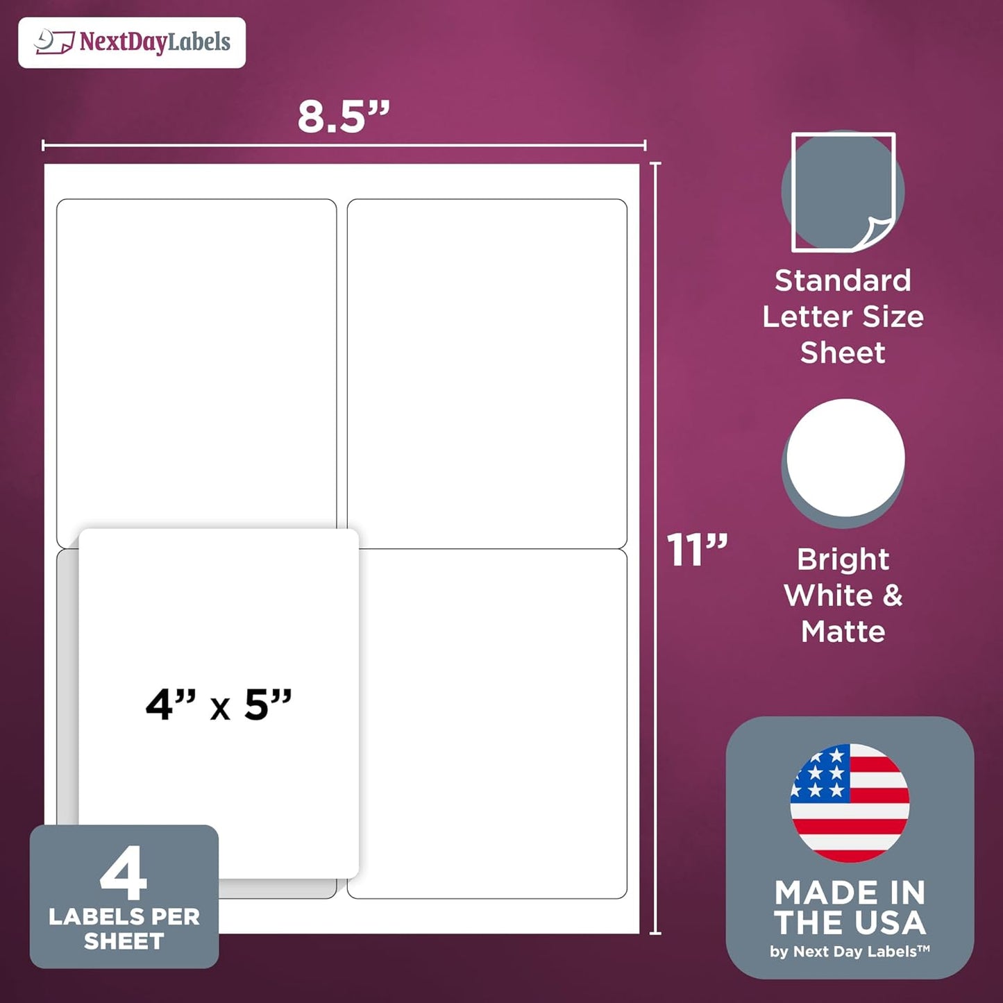 NextDayLabels – 4” x 5” Rectangular Sticker Labels for Printer - White Laser/Inkjet Printer Labels Return Address Labels Shipping Label Stickers (100 Sheets, 4 Per Sheet, 400 Labels)