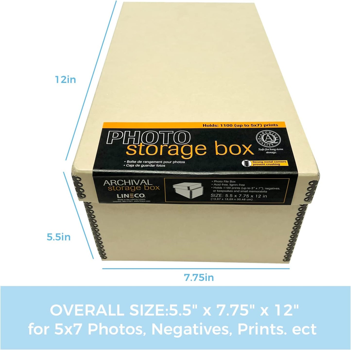 Lineco Archival Photo Storage Box, Holds up to 1100 of 5x7 Pictures, 4x6 Photograph Container with Removable Lid. Preserve Snapshot, Negatives, Prints, Films, Card, 5"x7"x12", Tan, 2 Pack