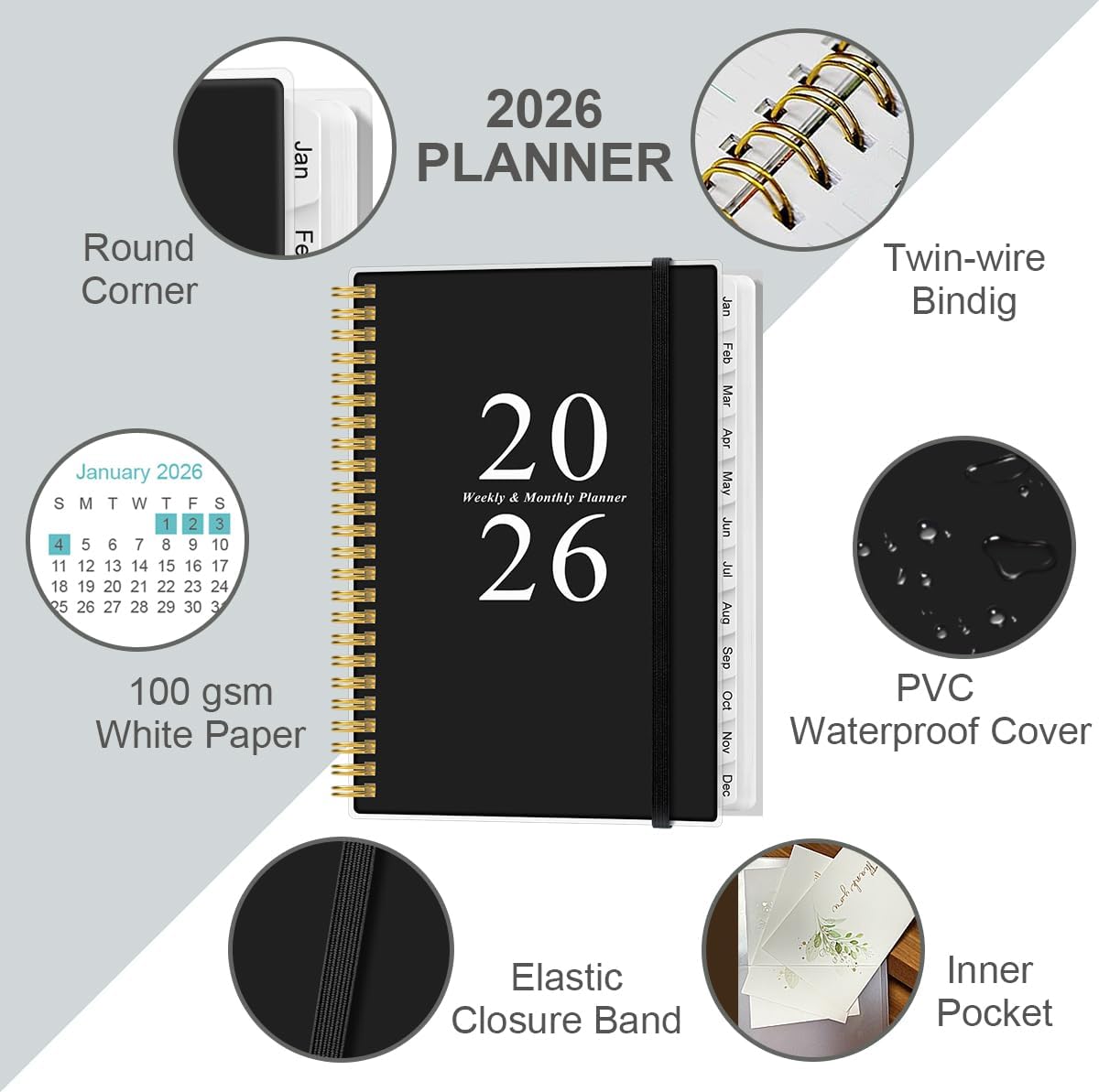 2026 Planner - A5 Weekly & Monthly Planners Spiral Bound, January 2026 - December 2026, 2026 Planner with Flexible Cover, Tabs, Inner Pocket, 6.4" x 8.5", Black