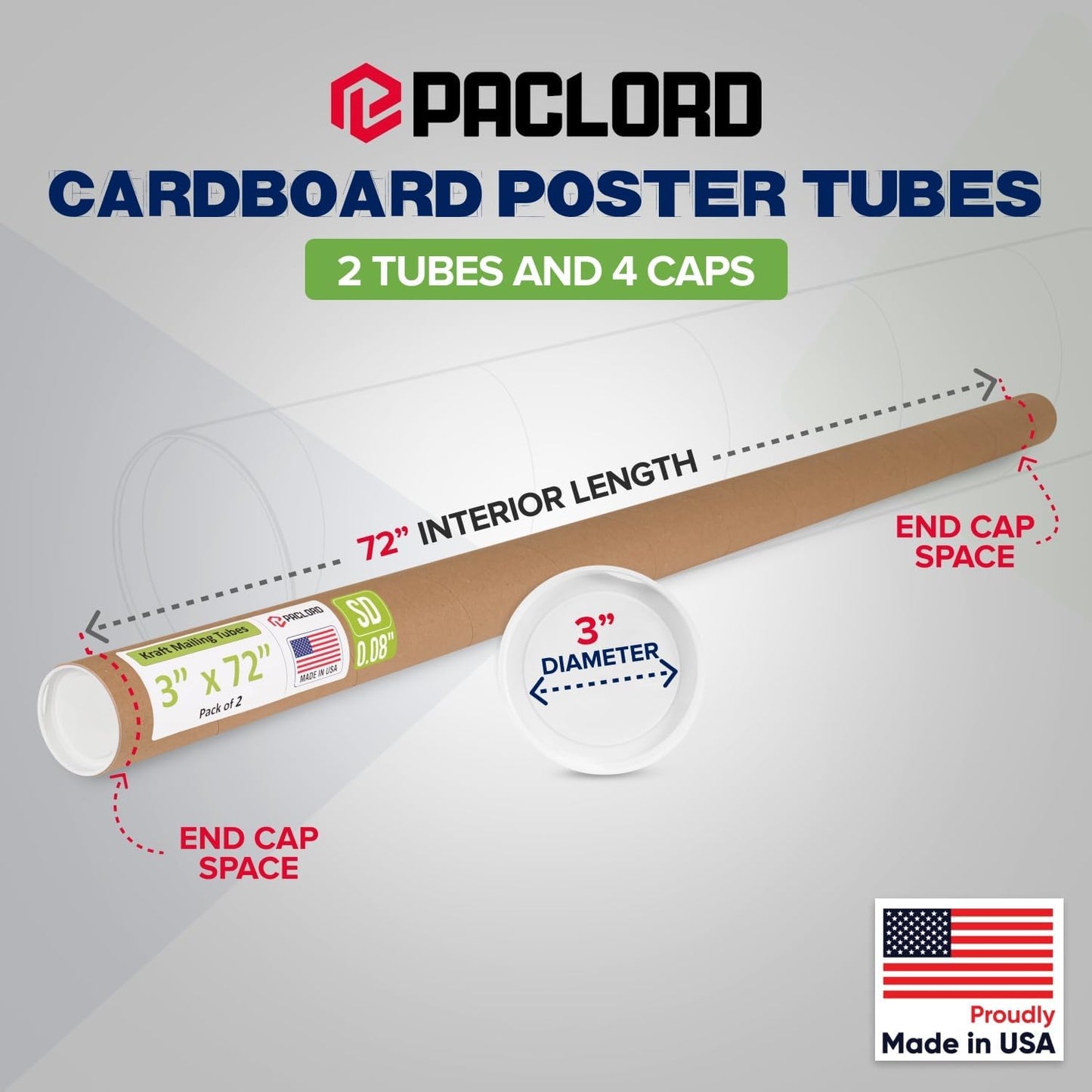 3" x 72" Reinforced Kraft Paper Mailing Tube, Pack of 2 Tubes with 4 Caps – Secure USPS Approved Poster Tube – Cardboard Tube for Shipping and Storing Posters, Prints, Artwork, or Documents