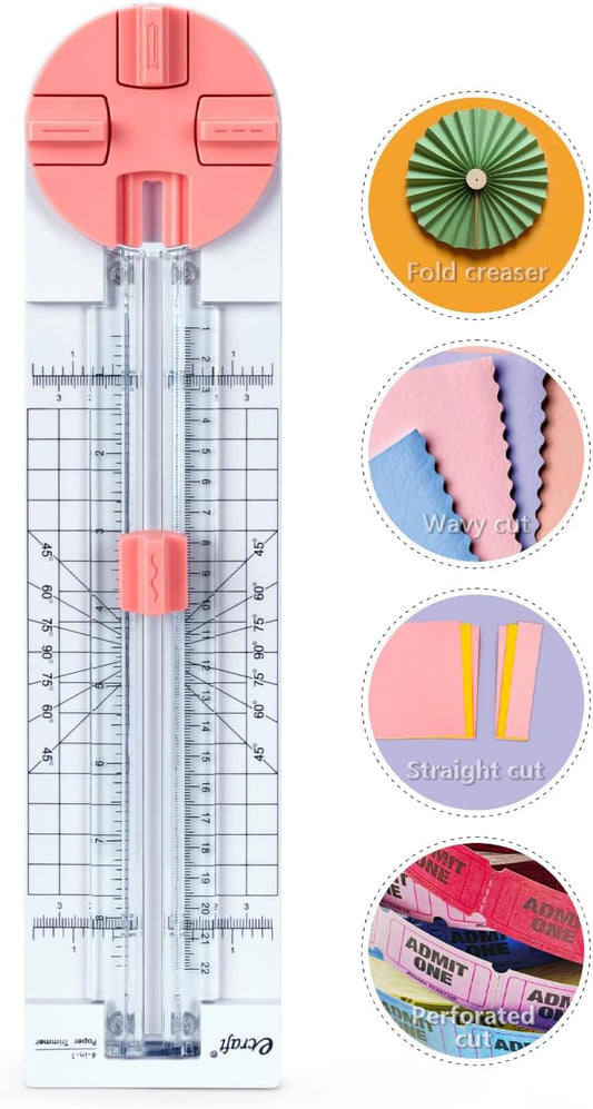 Ecraft Pink Paper Cutter 4-in-1 Paper Trimmer Multi-Function Scrapbooking Tool with Straight, Wave, Perforated & Creasing Blades for Craft Paper,Cardstock, Coupon, Label, Photo,Postcard