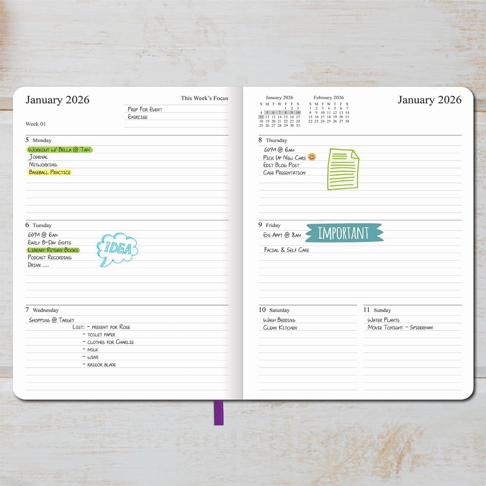 2025-2026 Planner - Weekly and Monthly Planner, Oct 2025 to Dec 2026, Vegan Leather Cover, Elastic Closure, 7”x9.25”, Purple