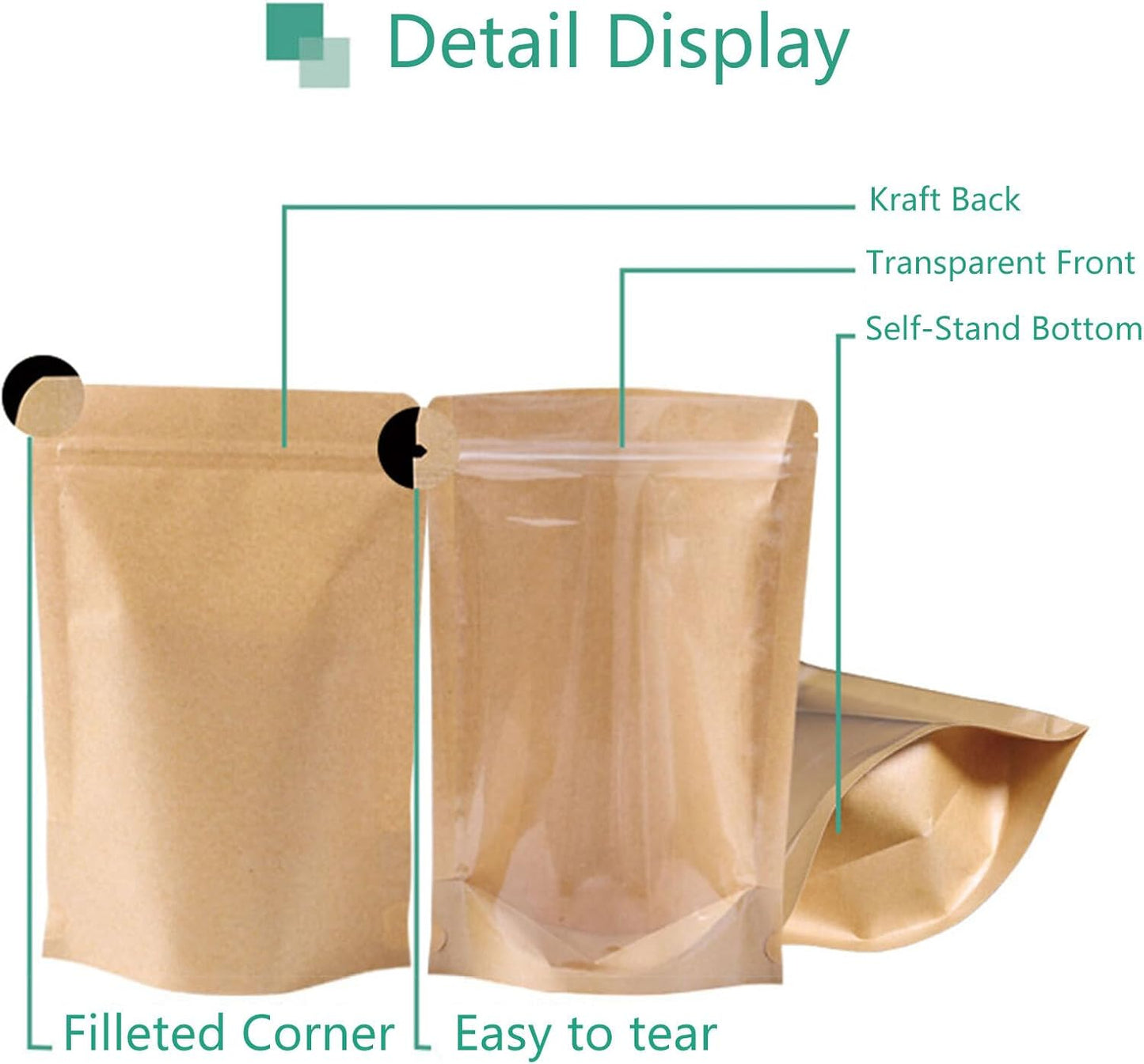 50pcs Kraft Bags With Window Clear Fornt Pouches Resealable Stand Up Zip Lock Food Storage Bags Brown 8"x12"