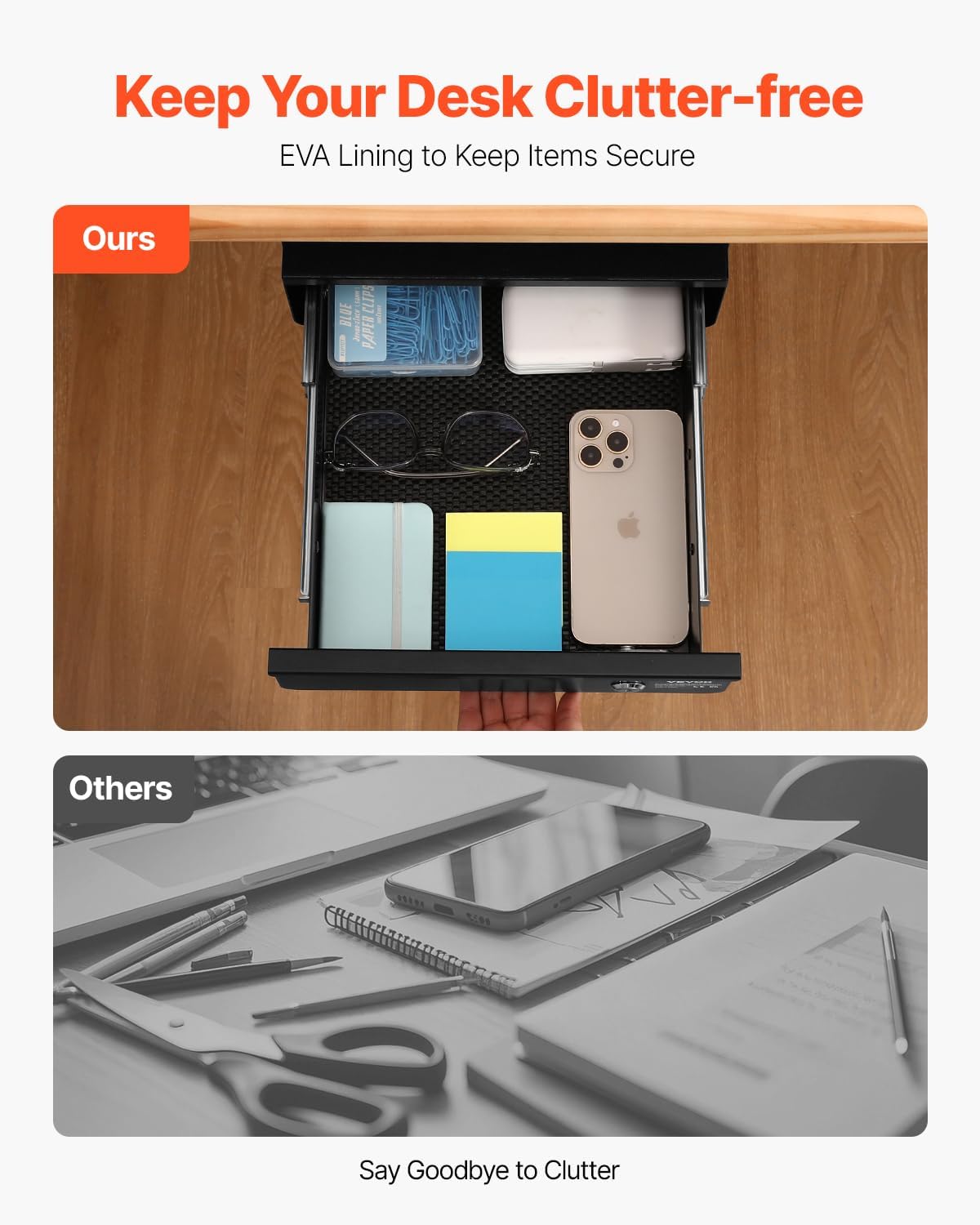 VEVOR Under Desk Lockable Slide Out Drawer, 13 inch Under Desk Pull-out Drawer for Sit Stand Workstation, Secure Under Counter Drawers for Home Office Storage Organizer, Black
