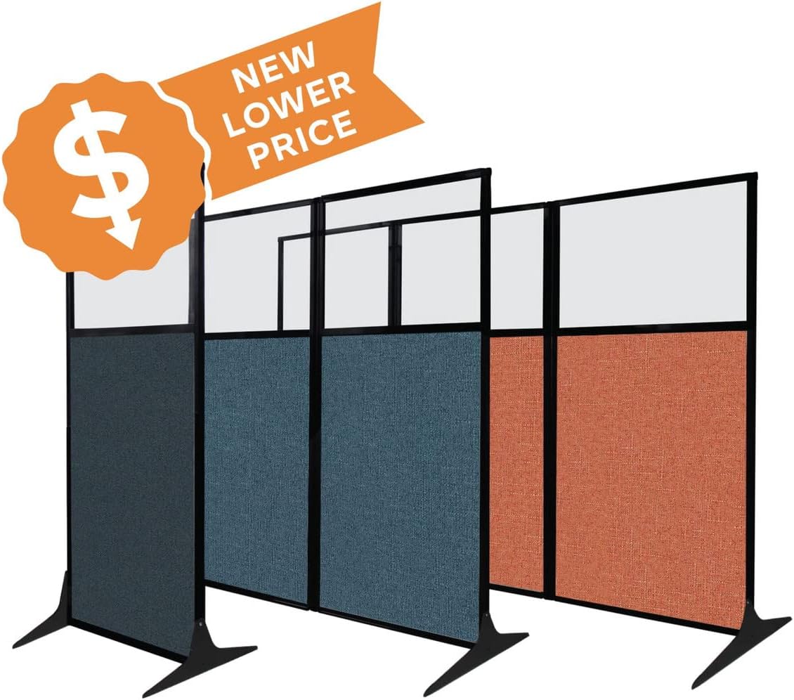 Versare Office Workstation Screen | Portable Wall Divider | Modern Cubicle | Freestanding Privacy Screen | Flexible Work Space | 3 Panels | 99" Wide x 70" Tall Blue SoundSorb Panels with Window