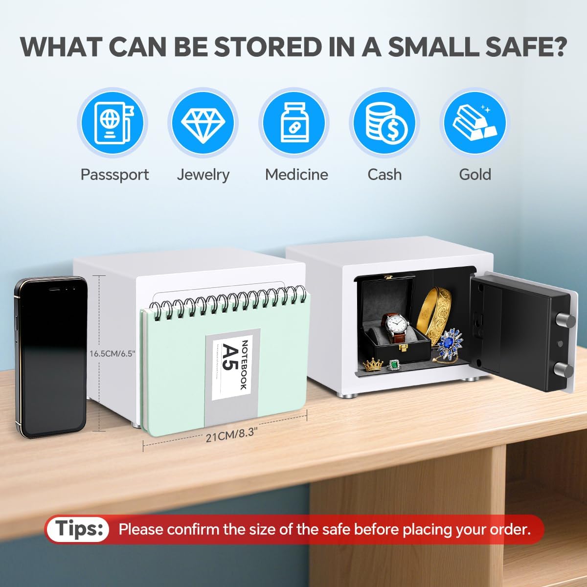 Small Home Safe, 6.7”D x 9”W x 6.7”H, Electronic Keypad Lock Security Box for Cash, Jewelry, Passport, Hidden Safe for Closet, College Dorm Room, White