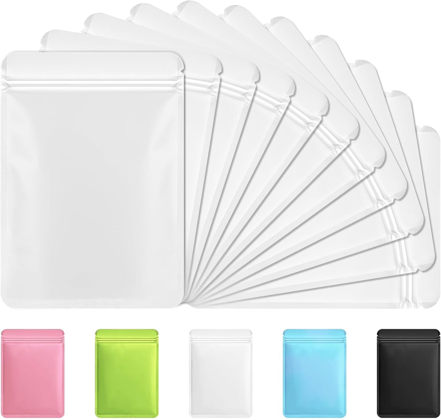 Funfery 100 Pack White Resealable Mylar Bags, Double Sided Color, Odor Proof, Pouch Baggies, Smell Proof, Foil Bag for Food Storage, Small Business (White, 3.1x5.1 inch)