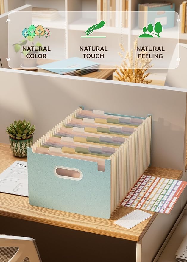 Accordion File Organizer, 26 Pockets Wheat Straw Expanding File Folders, Upright&Open Top, A-Z Bill Receipt Organizer, 100% BPA Free, Return to Nature, Healthy Living, Letter/A4 Size-2 Packs