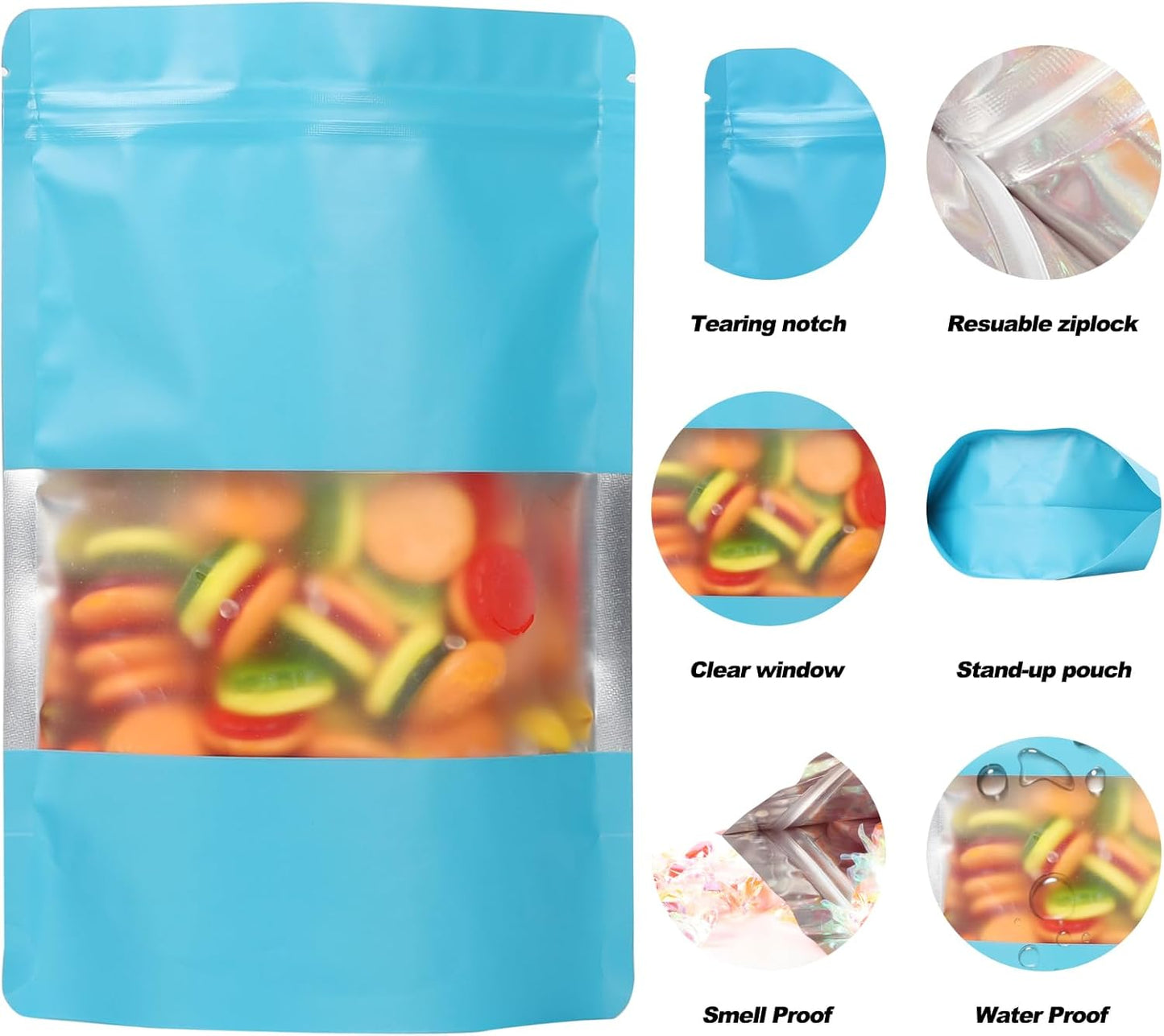 100 Pack Smell Proof Bags, Resealable Mylar Bags with Matte Window, Foil Pouch Stand-up Bags for Food Self Sealing Storage, Scratch Resistant Hand Storage Bags.(Blue, 4.7×7.9 Inch)