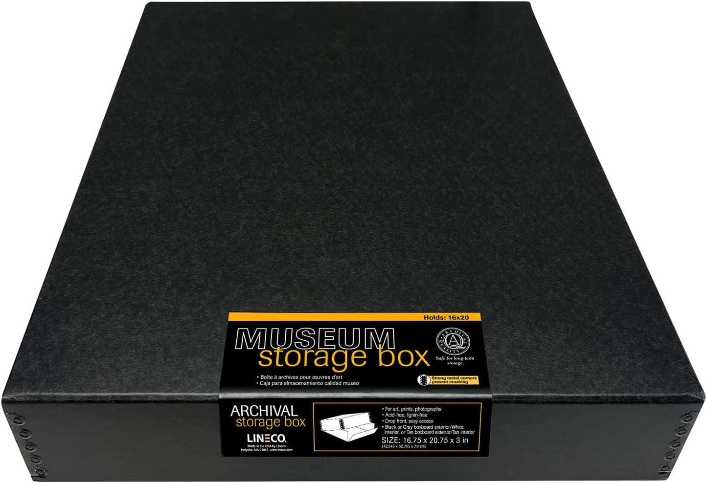 Lineco Museum Archival Storage Box, 16.75x20.75x3 in. Drop Front Design. Acid-Free with Metal Edge. Organize Photos, Pictures, Prints, Documents, Crafts, DIY. Black, 1 Pack