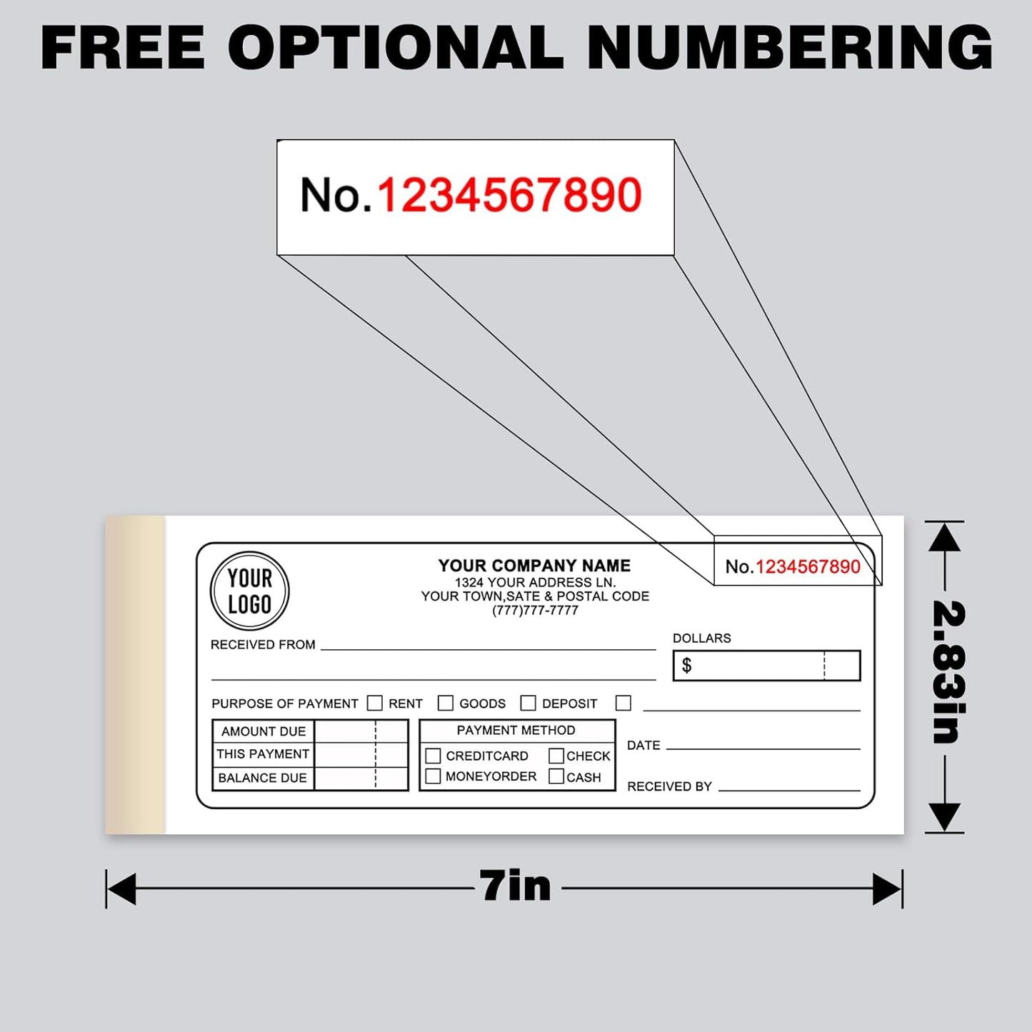 Custom Sales Invoice Personalized Carbonless NCR Forms with Company Name/Logo Personalized Invoice, Receipt Book, Work Sales Purchase Orders, Estimates, Quote Forms 7" x 2.83" - 2 Part(100 Sets)