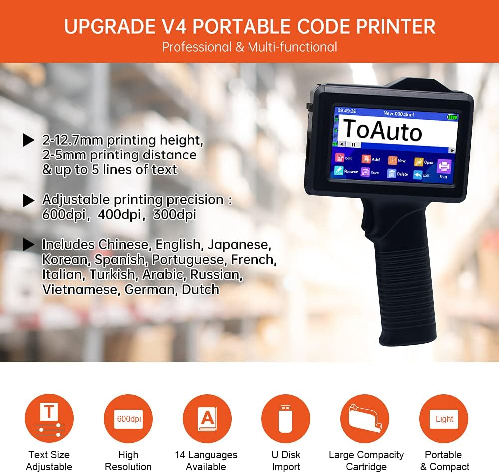 TOAUTO Portable Intelligent Upgraded Handheld Inkjet Printer Gun with 5.6 Inch LED Touch Screen Quick-Drying Inkjet Coding Machine for Code Date Label Industry Design House Usage