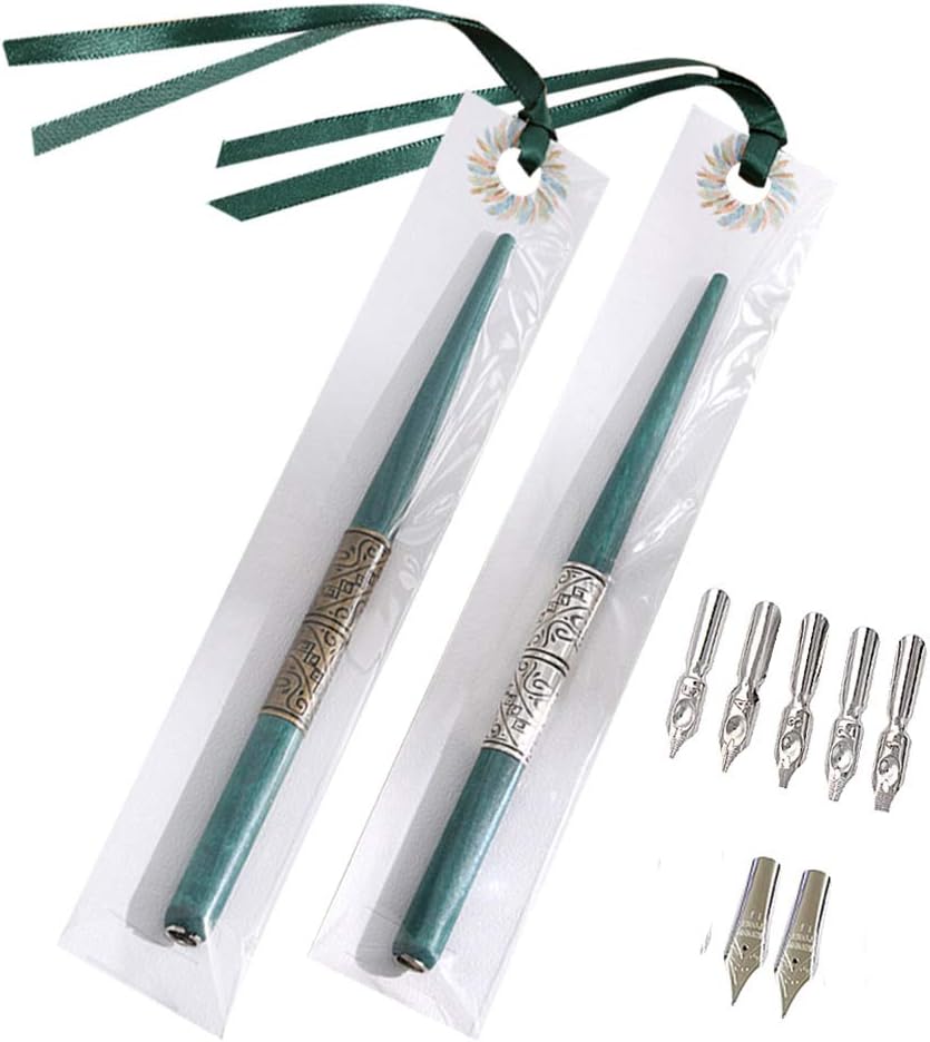 Professional Manga Gothic Pen Dip Pen Calligraphy Drawing Pen Kit, 2 Pen Holders Handles, 7 Nibs (2 Fountain Pen Nib, 5 Flat Nib) - Silver and Bronze