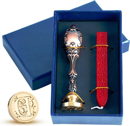 Wax Seal Stamp kit, Envelope Wax Seals DIY Kit - Retro Sealing Wax Candle + Classic Initial Alphabet Seal Wax Seal Stamp Letter D - in Blue Gift Box