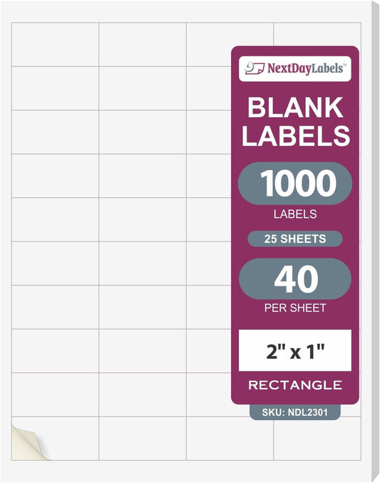 NextDayLabels – 2" x 1" Rectangular Sticker Labels for Printer - White Laser/Inkjet Printer Labels Return Address Labels Shipping Label Stickers (25 Sheets, 40 Per Sheet, 1000 Labels)