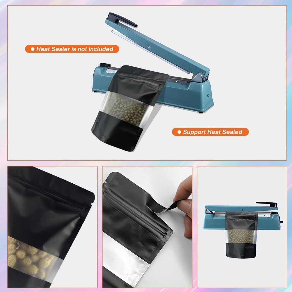 4CP 100 Pcs Black Zipper Smell Proof Bags with Window, 7.0x10.5 Inch Stand Up Foil Pouches for Food Selfsealing Storage, Reusable Bag for Packaging Small Business, Cookies, Nunt, Candy