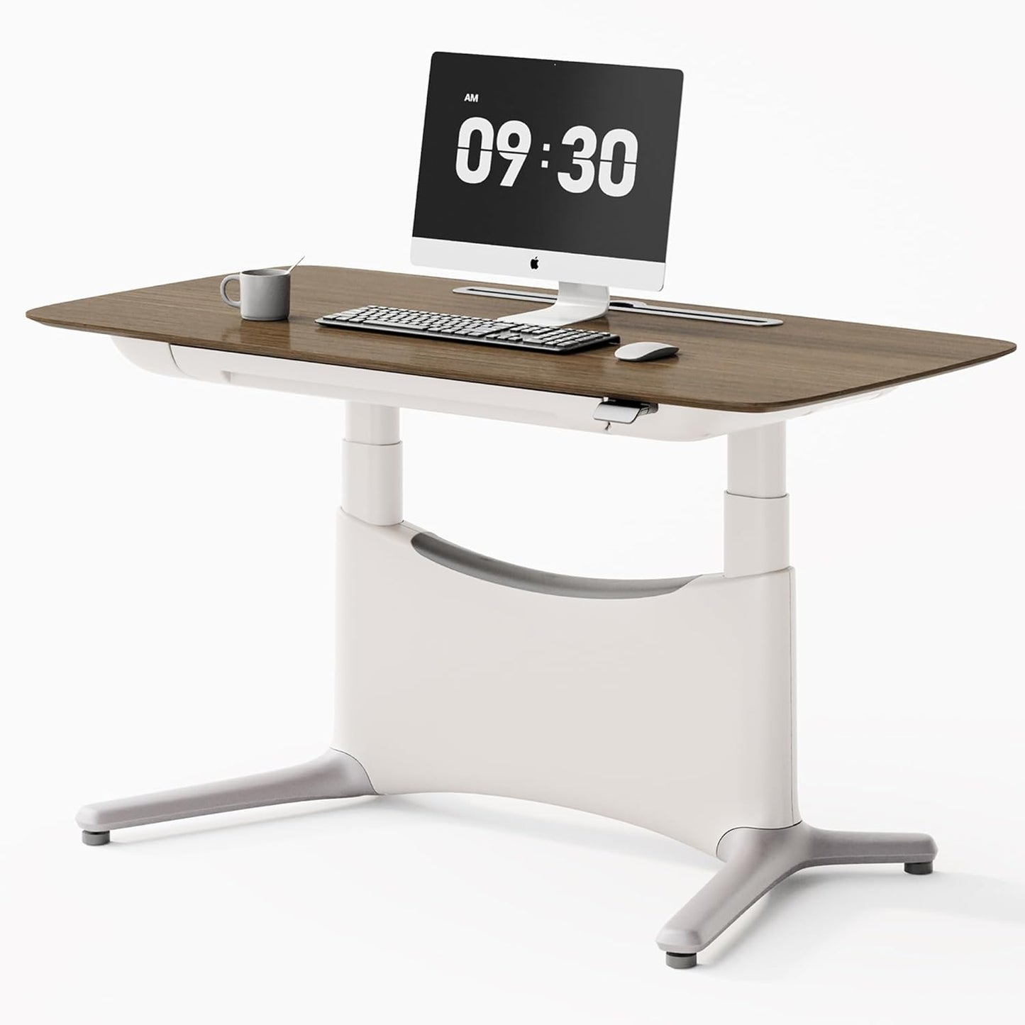 COLAMY Electric Standing Desk, Whole-Piece Gaming Desk with Dual Motors, Ergonomic Footrest, Drawers for Storage, Adjustable Height Sit-Stand Desk for Home Office (Veneer Desktop, Walnut + White)
