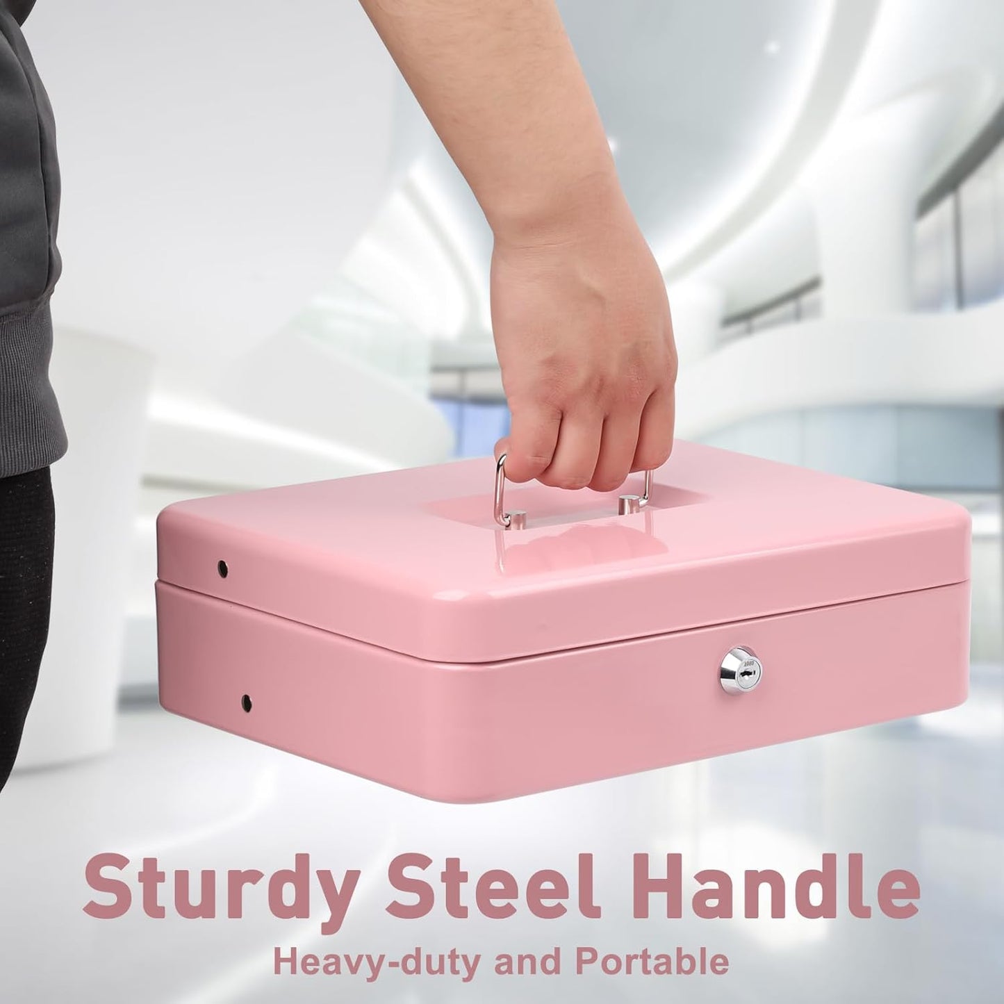 KYODOLED Locking Cash Box with Lock,Money Box with Cash Tray,Lock Safe Box with Key,Money Saving Organizer,11.81Lx 9.45Wx 3.54H Inches,Pink XL Large