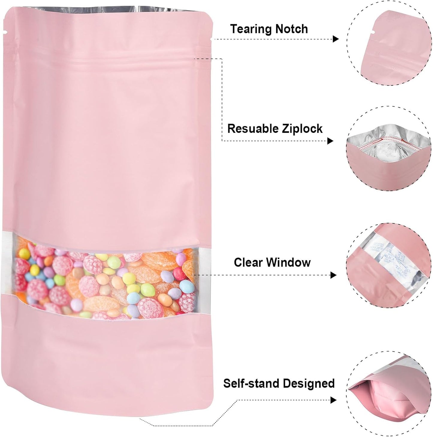 7.1"x10.2" 1 Quart 120pcs Mylar Bags for Food Storage,Smell Proof Bag with Matte Window Resealable Food Storage Bags for Small Business, Stand-up Foil Pouch Packaging Freeze Dried Candy Bag(Pink)