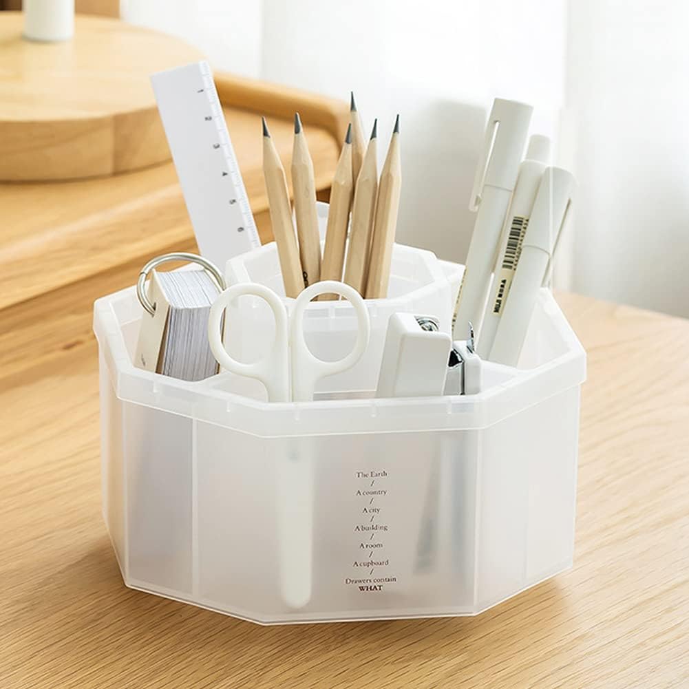 Desk Organizer, 360-Degree Rotating Multi-Functional Pen Holder, 5 Compartments Desktop Stationary Organizer, Home Office Art Supply Storage Box Caddy (Semitransparent)