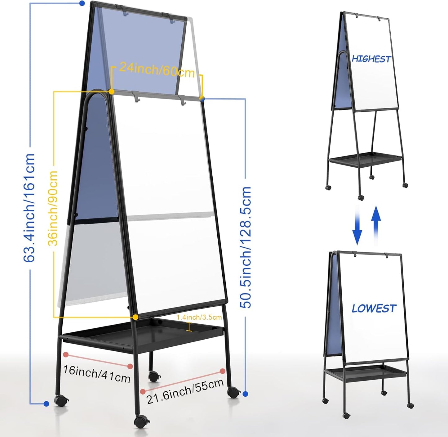 MAKELLO Rolling Whiteboard on Wheels 36x24 in, Double Sided Mobile White Board with Storage Tray for Office School Home, Magnetic Classroom Easel for Teacher, Height Adjustable, Aluminum Frame, 3'x2'