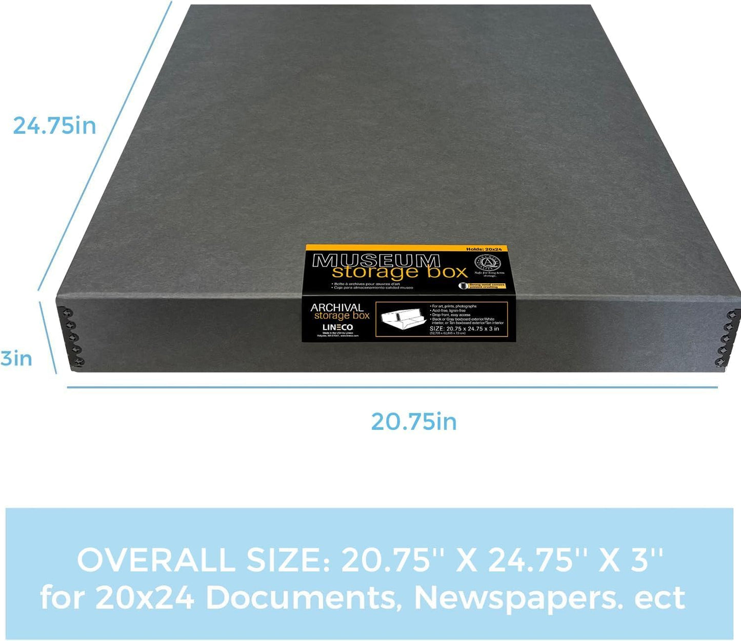 Lineco Museum Archival Storage Box, 20.75x24.75x3 in. Drop Front Design. Acid-Free with Metal Edge. Organize Photos, Pictures, Prints, Documents, Crafts, DIY. Gray, 2 Pack