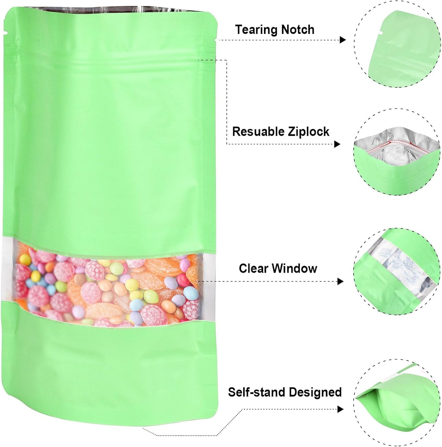 6.3"x9.5" 120pcs Mylar Bags for Food Storage,Smell Proof Bag with Matte Window Resealable Food Storage Bags for Small Business, Stand-up Foil Pouch Packaging Freeze Dried Candy Bag(Light Green)