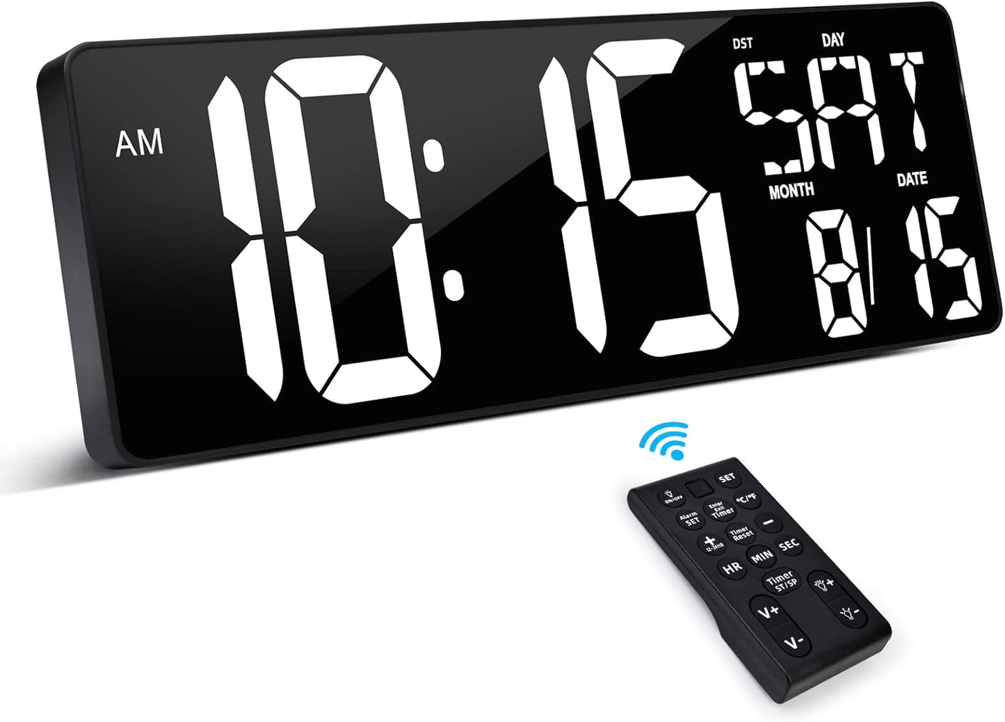 XREXS Large Digital Wall Clock with Remote Control, 17.2 Inch LED Large Display Count Up & Down Timer, Adjustable Brightness Plug-in Alarm Clock with Day/Date/Temperature for Living Room, Office, Gym